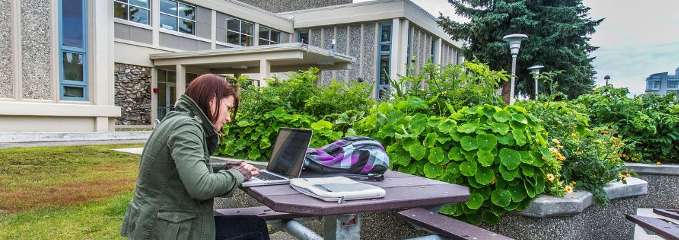 香港六合彩开奖直播 students works on her laptop on a table outside on the Fairbanks campus West Ridge