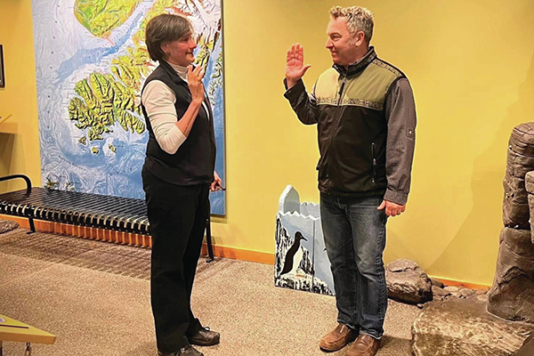 Reid Brewer takes the helm from Kris Holderied as new director at the Kasitsna Bay Lab at Homer Islands and Oceans Center on Jan. 16, 2024.